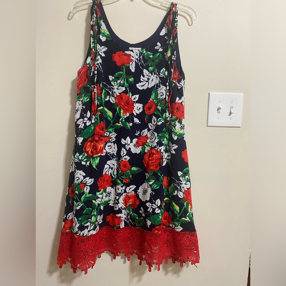 Umgee Red Rose Floral Print Dress Women S Sleeveless Tie Sheer Lace Hem Shift